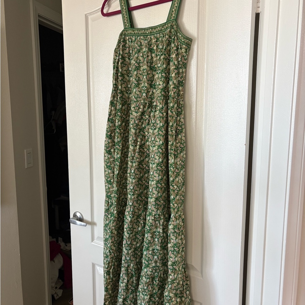 Max Studio Green Floral Strappy Maxi Dress Small Smocked Cottage Pockets